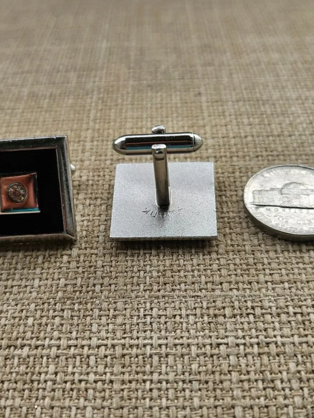 Vintage Swank Cufflinks Black/Silver Tone Metal Square Cuff Links Crystal Accent